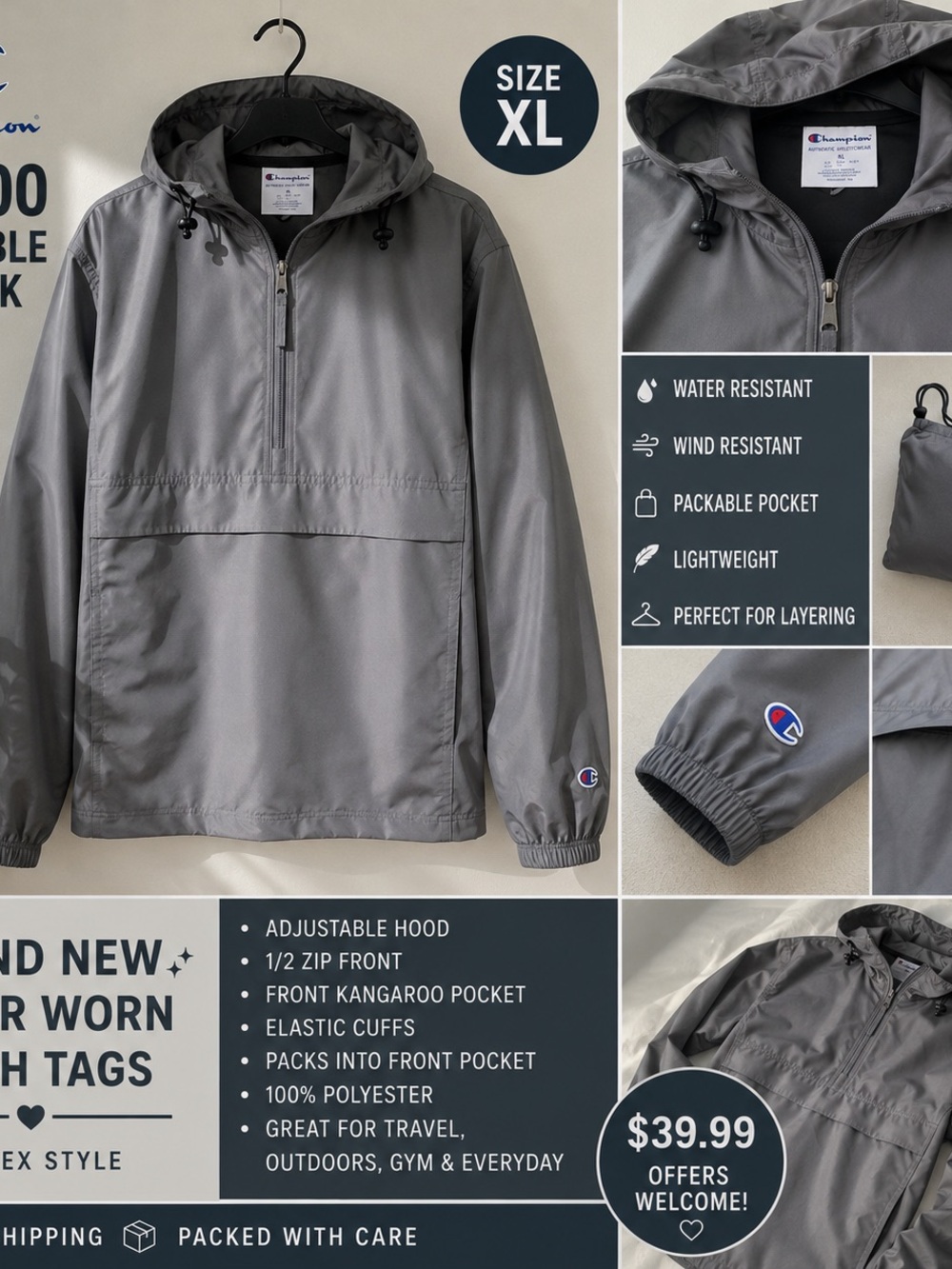 Champion Men's Gray Packable Pullover Windbreaker with Hood
